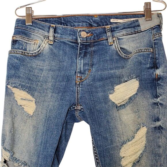Zara Women Jeans 4 Hi Rise Relaxed Fit Distressed Stretch High Waist Medium Wash - Picture 3 of 11